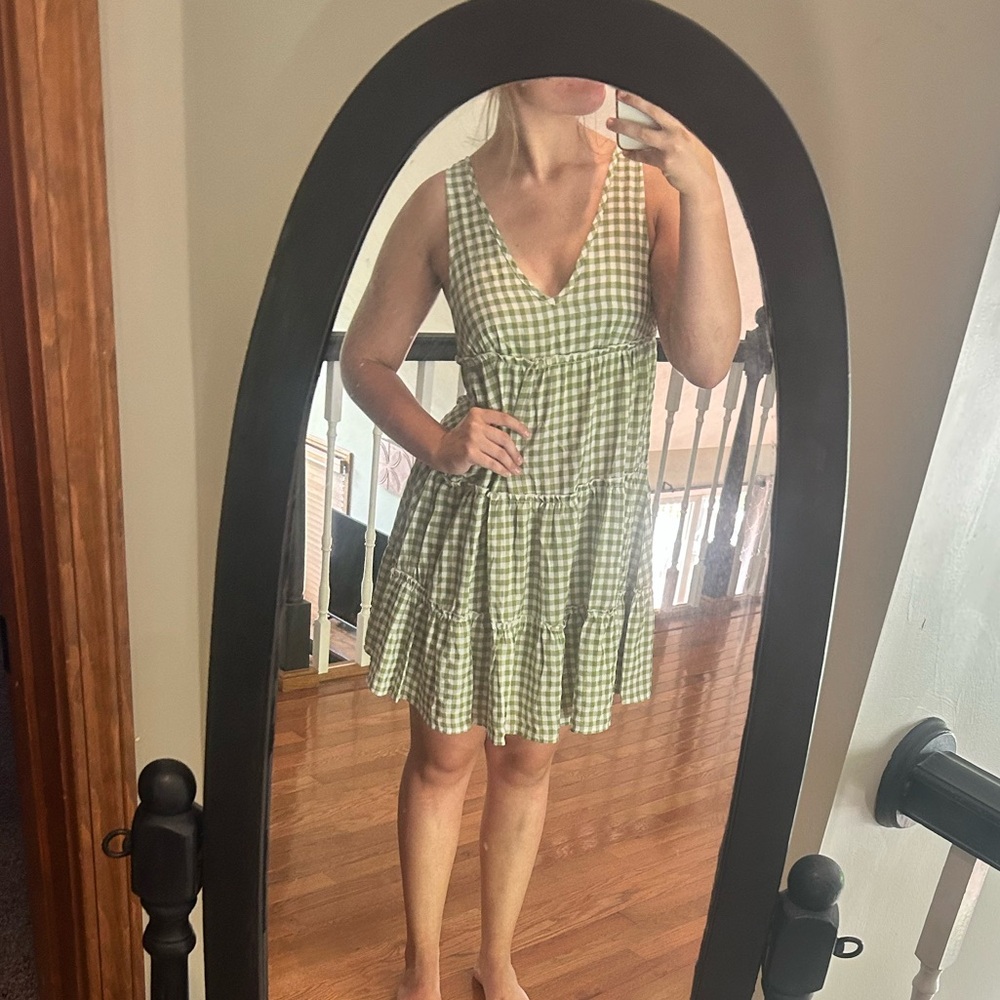SHEIN medium gingham backless layered babydoll dress- green plaid